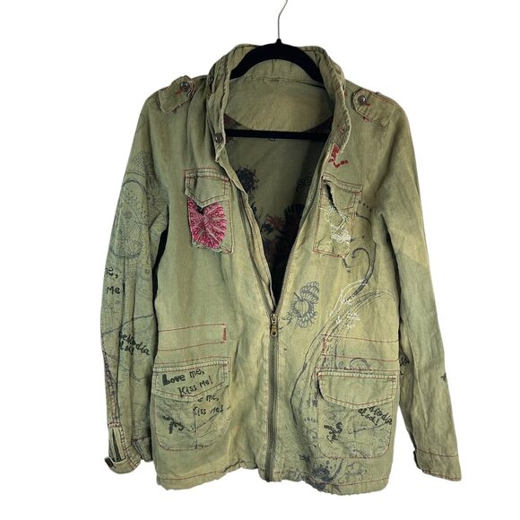 Desigual Embroidered Distressed Green Hooded Jacket Sz M Eclectic Edgy Artsy - Picture 2 of 16
